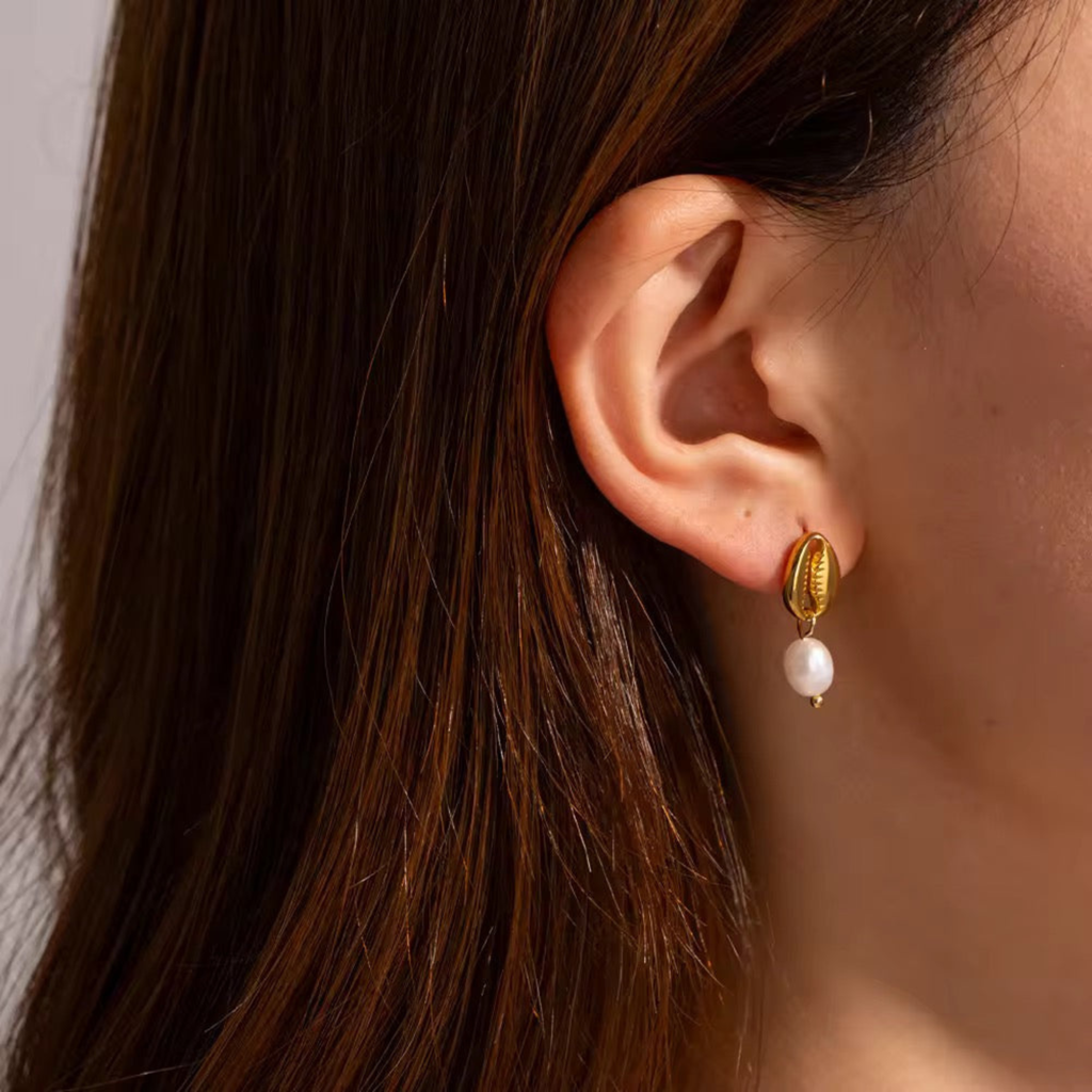 Golden Shell & Pearl Drop Earrings