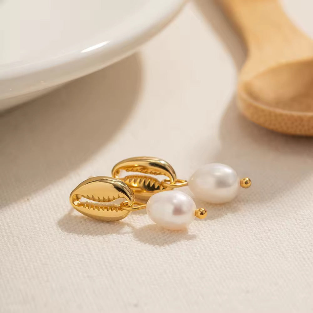 Golden Shell & Pearl Drop Earrings