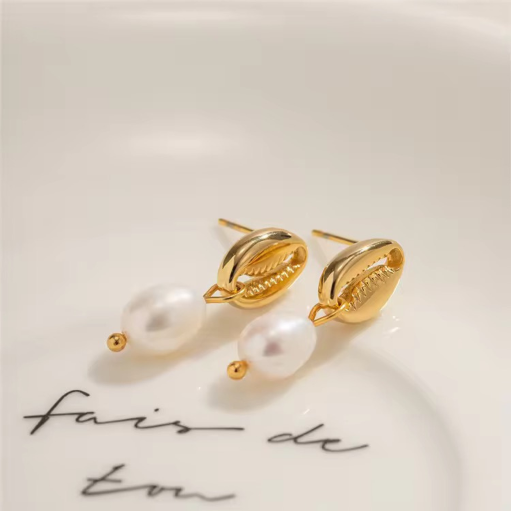 Golden Shell & Pearl Drop Earrings