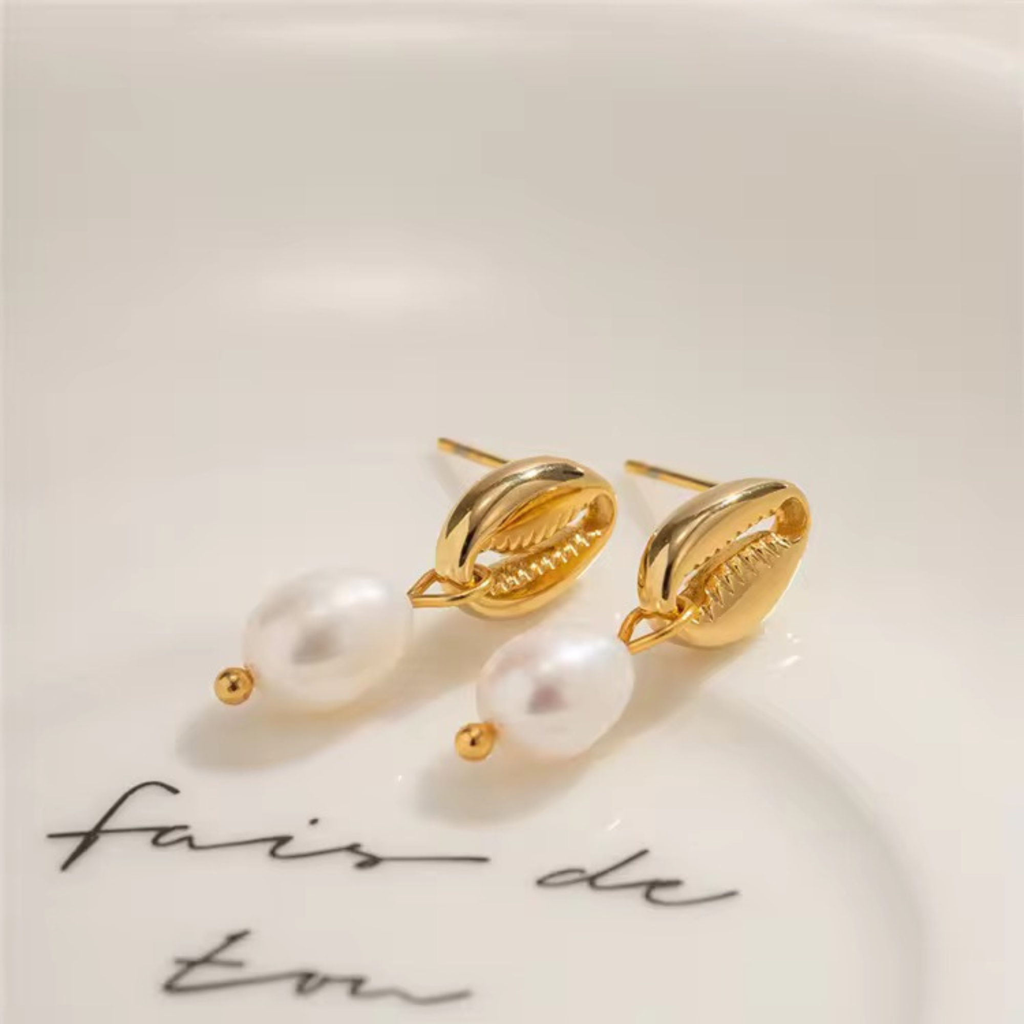 Golden Shell & Pearl Drop Earrings