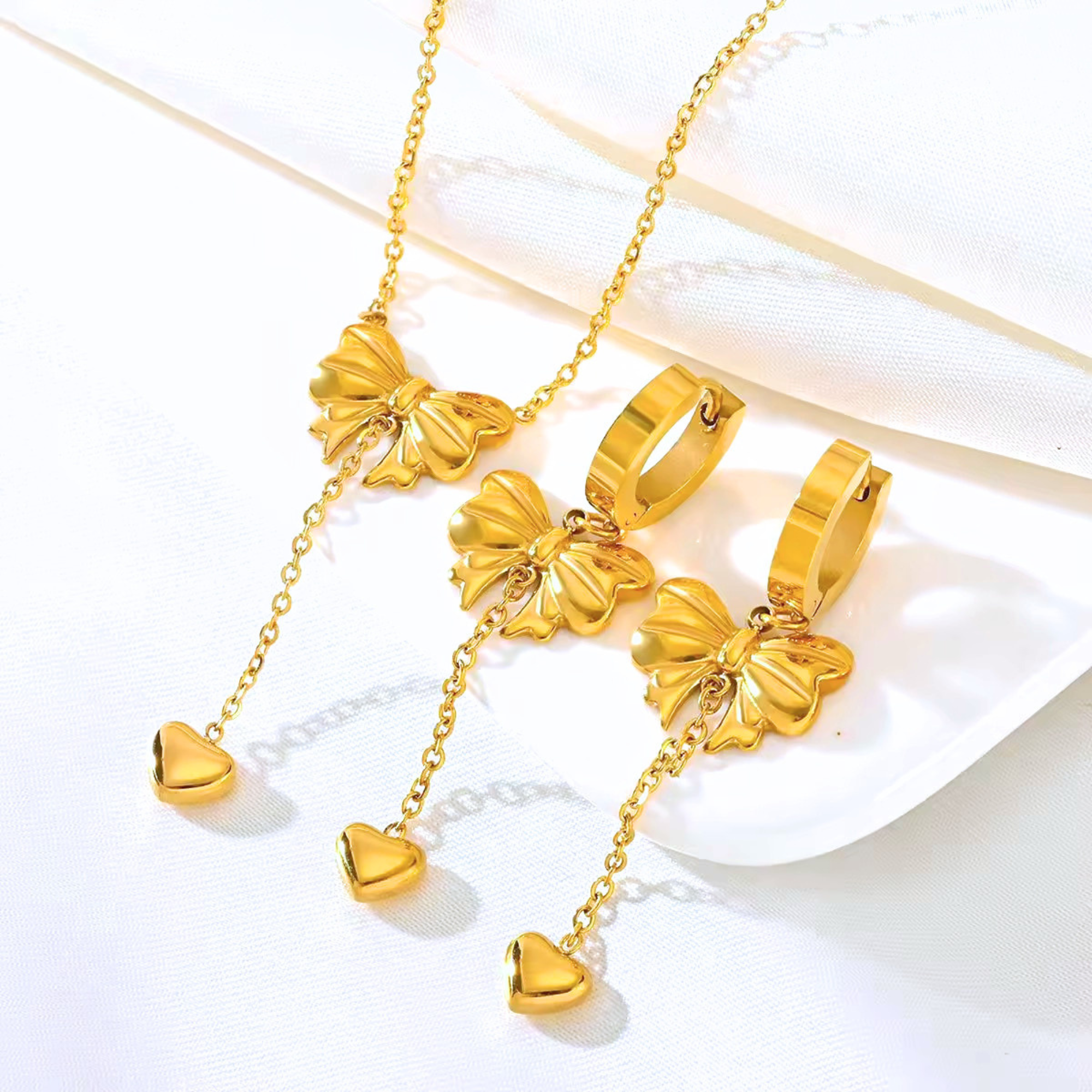 Bow Heart Drop Set ( Necklace and Earrings)