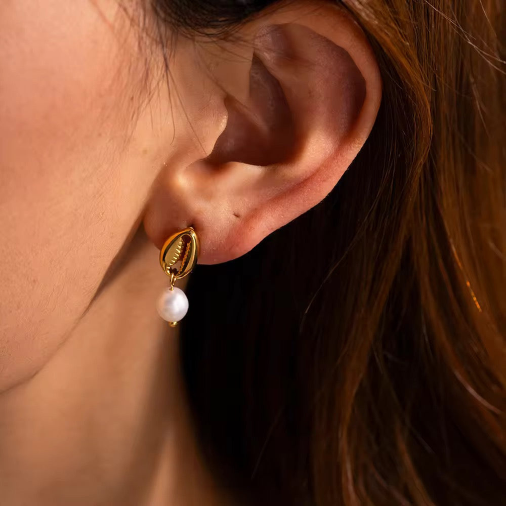 Golden Shell & Pearl Drop Earrings